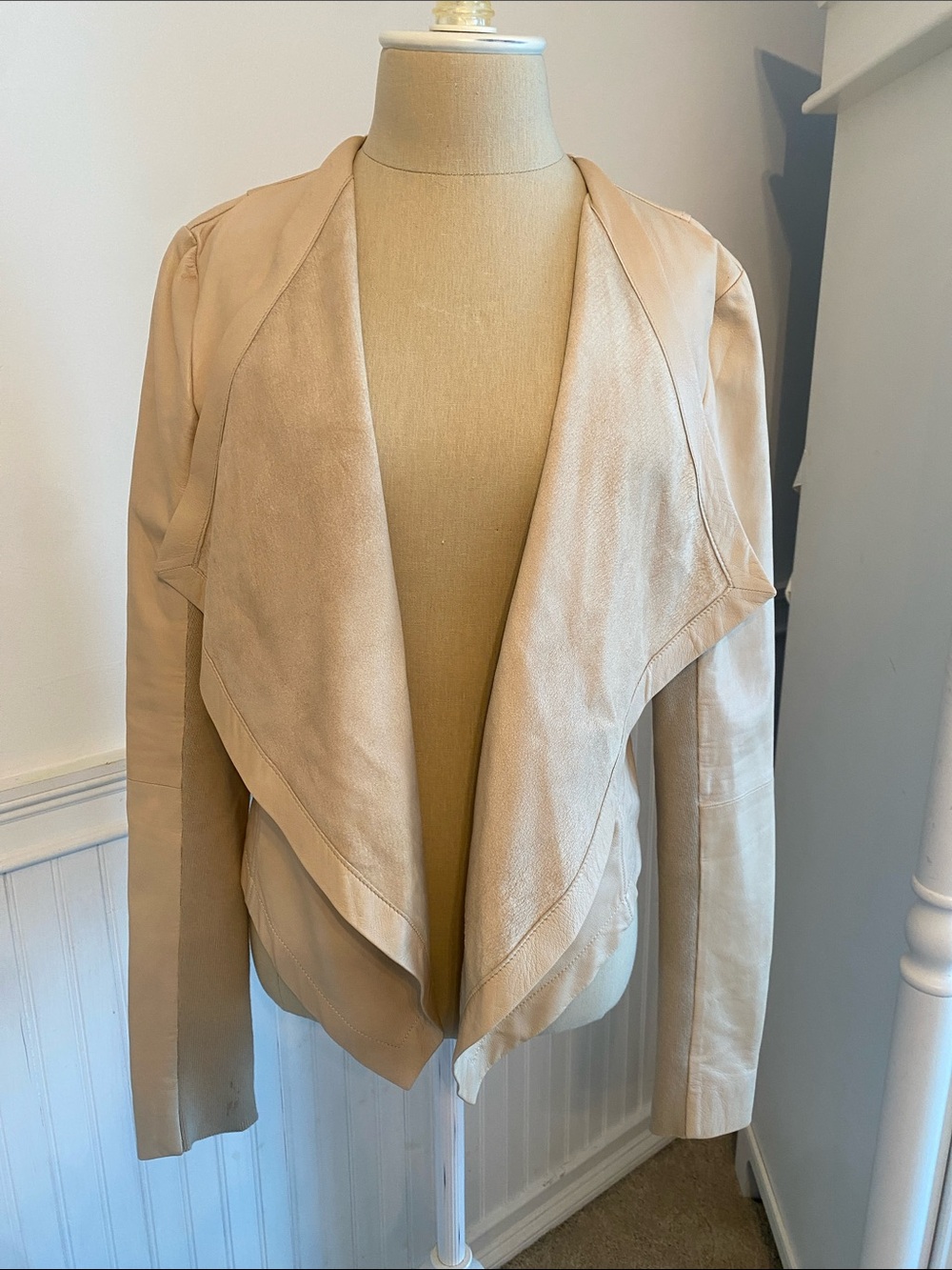 Halogen Light Beige Draped Faux Leather Jacket